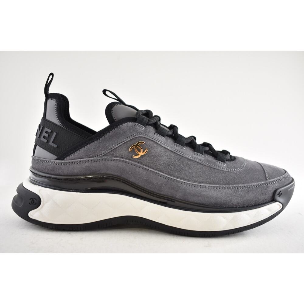 Chanel 23K Mens Grey Black White CC Logo Lace Up Low Top Trainer Sneaker 44 11 - Picture 2 of 13